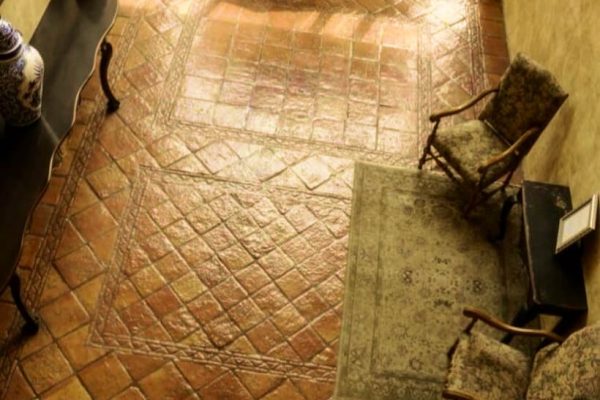 12X12" Terracotta tile natural in the Heritage finish installed in hotel lobby floor
