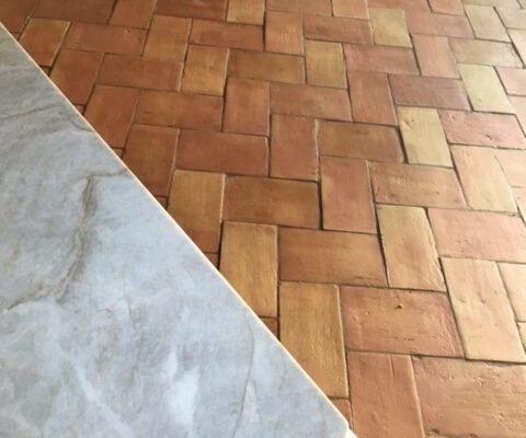 9X14" French terracotta tile natural installed on kitchen floor