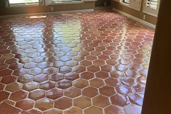 8" Hexagon Saltillo Tile natural installed on living room