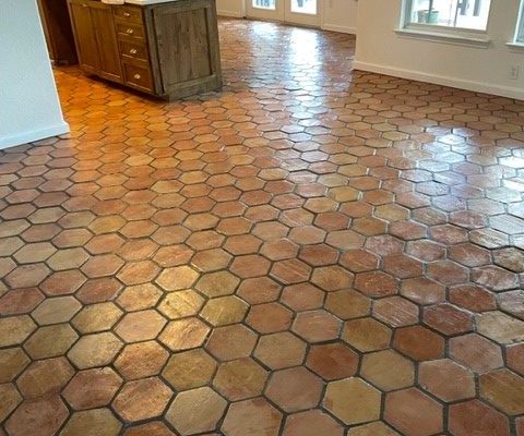 8" Hexagon French terracotta tile natural installed on kitchen floor