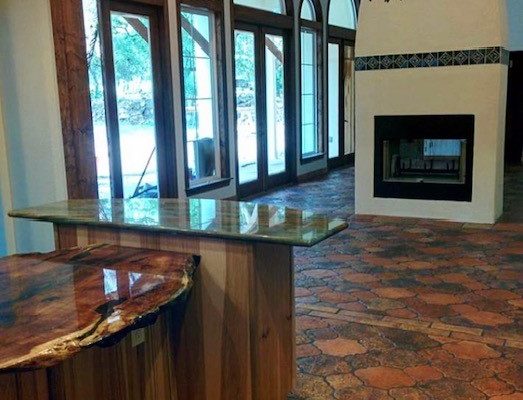 San Felipe and Riviera terracotta tile in the Chateau pattern installed on kitchen floor